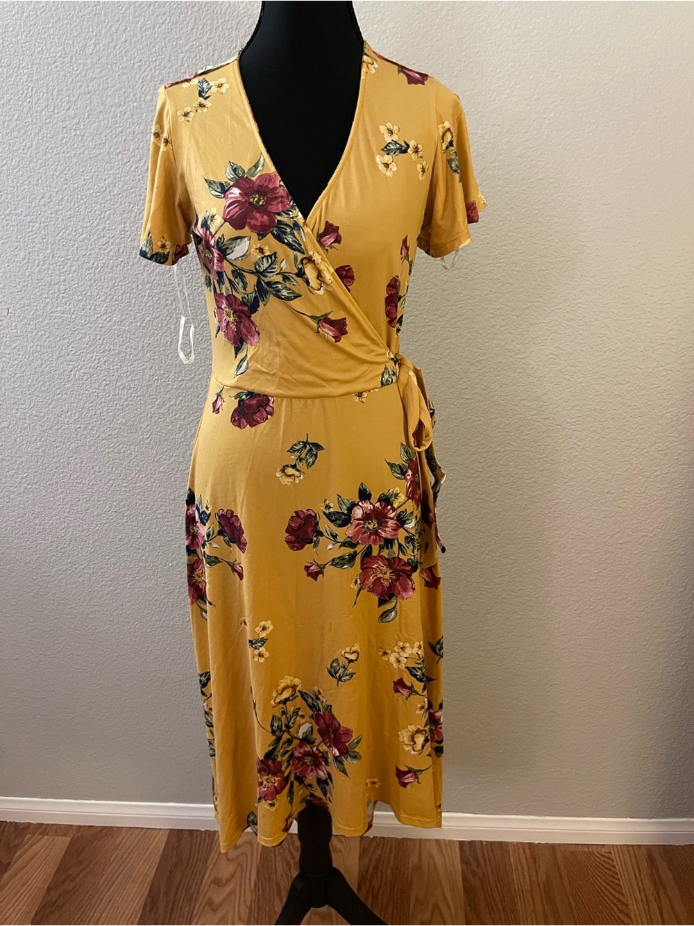 by & by Mustard Yellow Floral Wrap Midi Dress